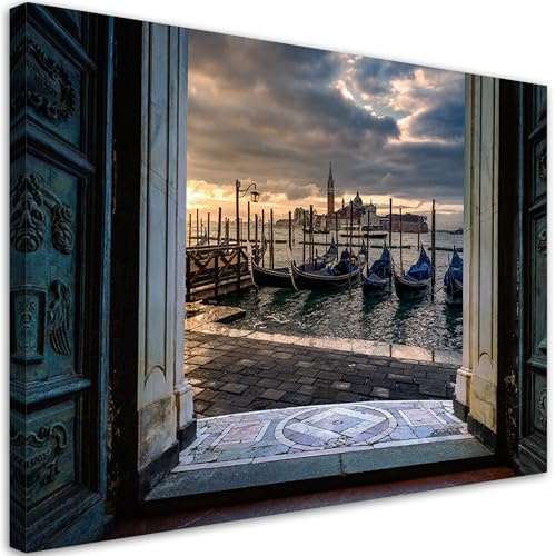 Feeby Leinwandbild - Bilder Wohnzimmer - Blick auf Venedig und die Gondeln - 45x30 1tlg - Deko Schlafzimmer - Wanddekoration - Aesthetic - Groß Moderne Bild - Foto auf Leinwand