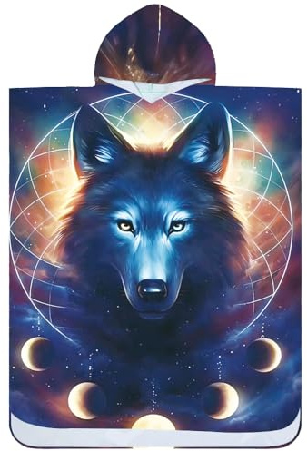 FEBE Badeponcho Bademantel mit Wolf Muster Damen Herren 145x80 cm Badetuch mit Kapuze Surf Poncho Mikrofaser Kuschelig Schnelltrocken