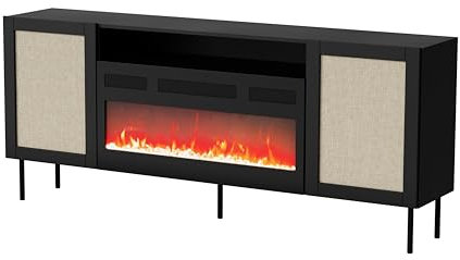 Kommode Yucca 202 cm mit elektrischem Kamin Sideboard schwarz matt/Calabria, 2 Türen, 4 geschlossene Regale, 1 offenes Regal, für das Wohnzimmer, für das Schlafzimmer, große Kapazität, Metallfüße
