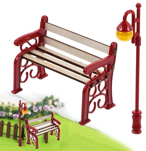 Weihnachten Möbel Deko Mini Ornament,Miniatur Gartenbank Straßenlaterne,Wichtel Bank,Feengarten Wichtel Zubehör Deko,Perfekt für Weihnachtsdekorationen im Puppenhaus und Wichtel de Accessoires,Rot