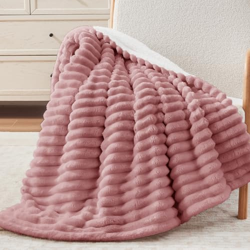 Vielit Cord Sherpa Decke, Dicke Kuscheldecke Flauschig 150x200 XL Rose | Warme Tagesdecke, Weich Wolldecke, Deko Sofadecke für Wohnzimmer, Wohndecke, überwurfdecke, Geschenk,OEKO,Maschinenwaschbar