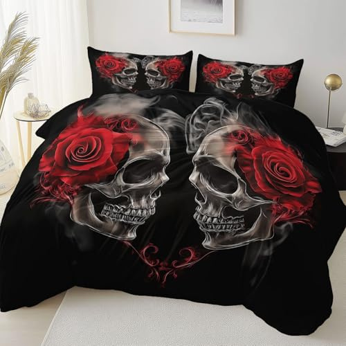 Black Easy Care Printed Duvet Cover Set,Dark Skull Rose Flowers Breathable Stylish Comforter Hypoallergenic Reversible Bedding Bed Sets With 2 Pillowcases - 135 x 200 cm Microfiber Bedding Set