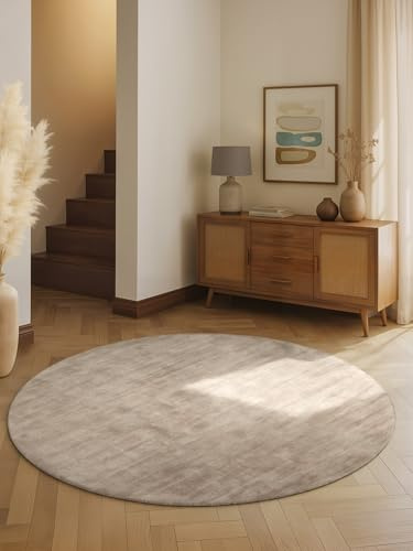 vikosa Viskose Teppich Noemi - Flauschiger Wohnzimmerteppich Rund, Handgemacht & Weich, Einfarbiges Design Handgewebt, dezenter Glanz, Kurzflor für Wohnzimmer, Schlafzimmer, Flur - Beige, Ø 200 cm