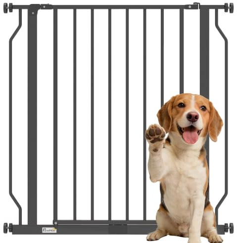 PawHut Dog Gate Wide Stair Gate w/Door Pressure Fit, 75-85W cm, Black