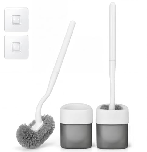 EINESIN Toilettenbürste, WC-Bürste und Behälter, Klobürste mit randreiniger, Klobürste gebogen, Langer Stiel, Kunststoff-Toilettenbürstenset mit Starken Borsten für Tiefenreinigung (2 Stück（Upgrade）)
