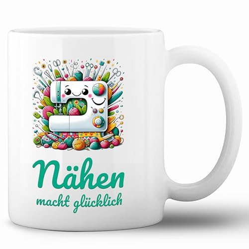 LunaLana Kaffeetasse Nähen macht glücklich – Keramiktasse 330 ml – Geschenk für Nähbegeisterte – spülmaschinengeeignet
