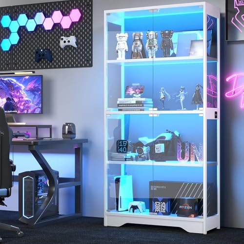 knoworld Display Cabinet with Glass Doors, 63 Tall Curio Cabinet with Human Sensor RGB LED Lights, 4-Tier Glass Display Case with 15mm Thick Shelves for Action Figures, Collectibles, Books - White
