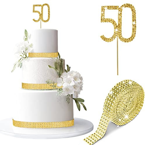 50 Goldenes Kuchen Topper Strass Diamant Zahlen Glitzer Kuchendekoration und Dekoratives Kristall Band Acryl Diamantband Tortendeko Set für 50. Geburtstag Hochzeit Jahrestag Party Zubehör