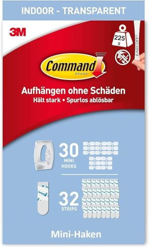 Command Mini-Haken selbstklebend, Transparente, Vorteilspack - 30 Mini Klebehaken und 32 Kleinen Klebestreifen - Dekorieren ohne Löcher und Bohren, Hält 225g