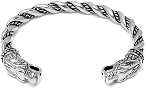 Schmuck-Checker Wikinger Armreif verziert mit Wolfsköpfen silber gold Wolf Schmuck aus 316L Edlestahl Männer Geschenk verzierter Herren Armschmuck (Silber)