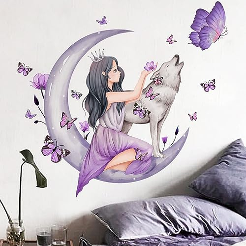 SRIZIAN Wandaufkleber für Mädchen, Motiv: Schmetterling, Mond, Wolf, Blume, Fee, bunte Schmetterlinge, Wanddekoration, Wandaufkleber für Mädchenzimmer, Rosa, Kinderzimmer
