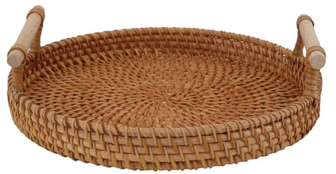 Cesta Redonda De Mimbre, Bandeja Para Servir Con Asas, Bandeja Para Servir De Ratán, Bandeja Tejida Redonda, Bandejas De Mimbre, Cesta, Mesa De Centro(m)