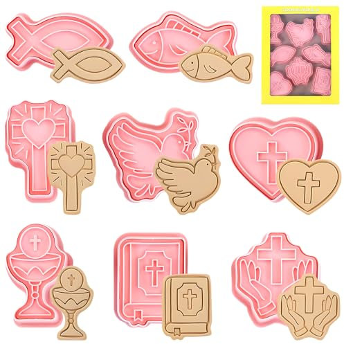 Lets Joy 8 Piezas Molde de Galletas Cristianas, Moldes de Comunión, 3D Cortadores de Galletas de Cristiano, Decoraciones de Bautizo Cruz Cristiano Paloma Comunión Confirmación
