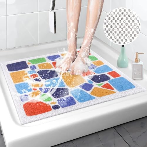 ZOKBOM Tapis de Douche Antidérapant 60x60cm | Tapis de Baignoire Carré en Luffa avec Drain, PVC Anti Moisissure Tapis de Bain pour Personnes âgées, Lavable en Machine