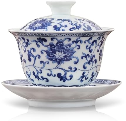 fanquare Blue and White Gaiwan Lotus Floral Porcelain Chinese Traditional Sancai Tea Bowl with Lid Vintage Tea Cup Saucer Cover Set 280ML