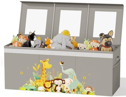 BBLIKE Extra Large Toy Storage Box - Foldable Toy Chest for Kids, Toy Organizer with Visible Lids, Side Mesh Pockets & Handle, 135L Toy Boxes for Boys, Girls, Clothes, Nursery, Living Room (Grey)