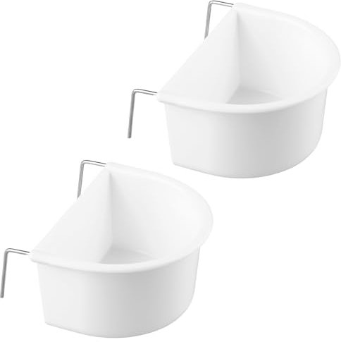 Luckious 2-Piece Bird Food Tray D-Shape Plastic Cups With Stainless Steel Hooks - Hanging Pet Cage Supplies for Food, Grit or Water