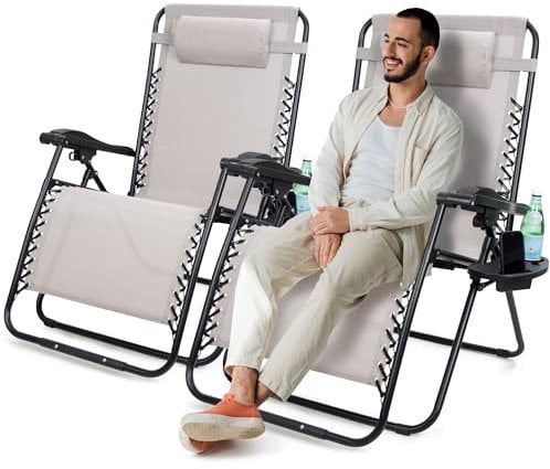SUNMER Extra Wide Set of 2 Sun Lounger Garden Chairs With Cup And Phone Holder - Deck Folding Recliner Zero Gravity Outdoor Chair - Grey