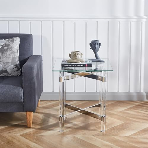 Moderna mesa auxiliar de cristal con parte superior acrílica y marco de acero inoxidable cromado, elegante mesa auxiliar pequeña para dormitorio, mesa auxiliar cuadrada de 19.6 pulgadas