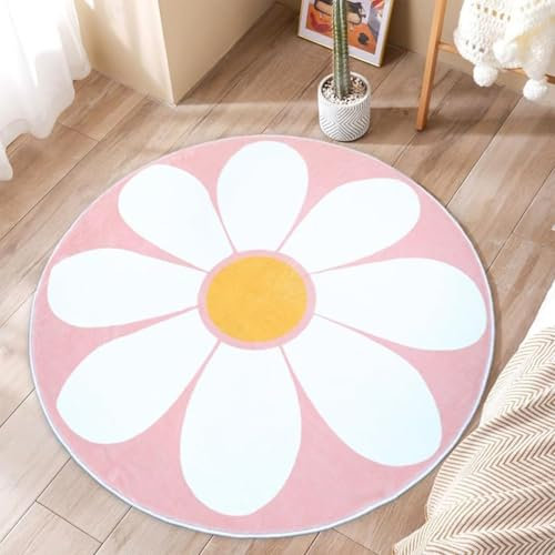 AIMECO Weicher Kuscheliger Kinderteppich Weicher Rund Carpet Wohnzimmer Teppichen Mädchen Schlafzimmer Kinderzimmer Waschbarer Pflegeleicht Teppiche Motiv Rund 160cm Gänseblümchen-Rosa