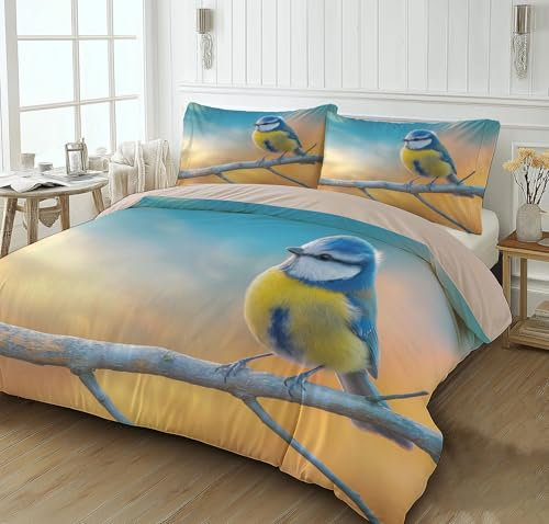 DLERFLOVR Bettwäsche 135x200cm 3 teilig - Blauer gelber Vogel Bettwäsche-Sets mit 数量 1 Kissenbezüge 80x80cm Verwelkte alte Zweige Wendebettwäsche Bedding mit Reißverschluss