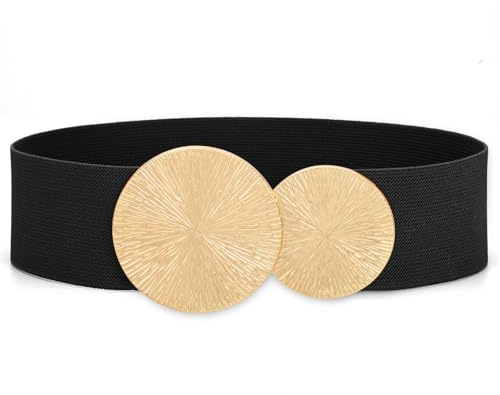 JASGOOD Ceinture Élastique Large Femme Grande Taille pour Robe Ceinture Rétro Tendance Extensible avec Double Boucle Ronde,Noir(Dorée),Taille 91-100 cm(Longueur 90 cm)