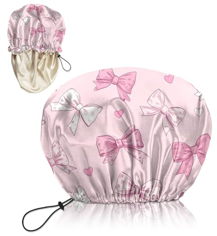 Deokke Luxury Shower Cap Silk Satin Lined Waterproof Reusable Adjustable Elastic Dry Hair Bathing Caps Cute for Women Girls-Flower (G6-Pink Bowknot)