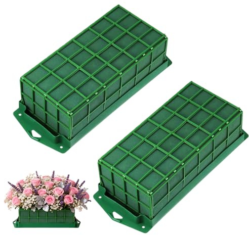 VEGOATY 2 Stück Steckschaum mit Gitter und Halter: 30x12x8 cm Steckschaum für Frischblumen-Gestecke mit Gitter, Blumensteckschaum Rechteckig für DIY Blumengestecke Hochzeit Autodeko (Grün)