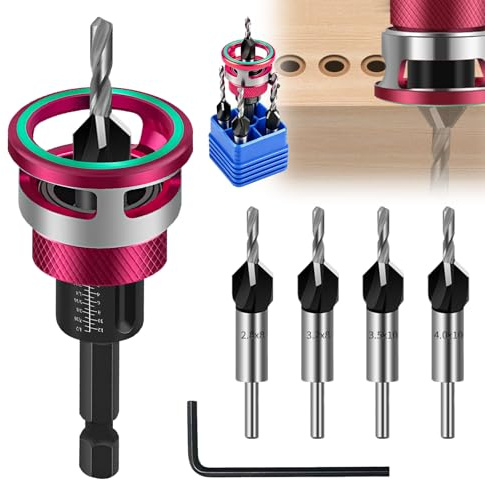 6 tlg Kegelsenker Bohrer Set, Senker Holzbohrer mit Einstellbarem Tiefenanschlag, Senkbohrer mit 1/4 Hex Schaft, Senkbohrer Holz Set für Holzverarbeitung, Gleichmäßige Bohrungen Zu Erzielen