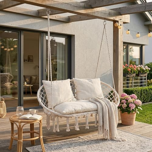 casa.pro Fauteuil Suspendu Kailua Balancelle pour 2 Personnes avec Large Assise et 3 Coussins 135 x 129 x 65 cm Tressé Style Bohème Indoor Outdoor Capacité de Charge 200 kg Blanc Crème
