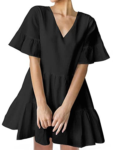 FANCYINN Robe Courte Femme Ourlet à Volants Lin Casual Robe Patineus Noir XL