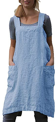 VLZUFE Delantal de lino de algodón para mujer, delantal de espalda cruzada, vestido de pinafore para hornear, cocinar, jardinería, trabajo