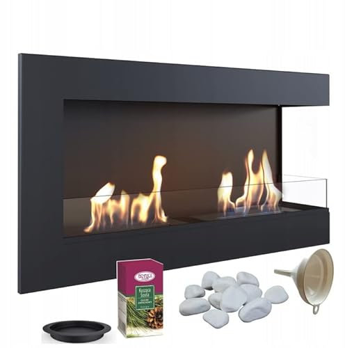 KRATKI Delta 900 Caminetto ad angolo destro a bioetanolo + Ciottoli + Imbuto + Aromaterapia | Per montaggio a parete o ad incasso l Biocontenitore 0,5 l, TÜV | Acciaio, 48 x 90 cm, vetrificazione