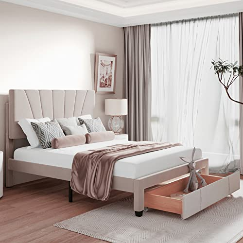 KecDueyv Polsterbett 140 x 200 cm Bett mit Lattenrost, Rückenlehne und großer Schublade, Hautfreundliche Flanellstoff, Beige, Bett Doppelbett Jugendbett(Ohne Matratze) (Beige)