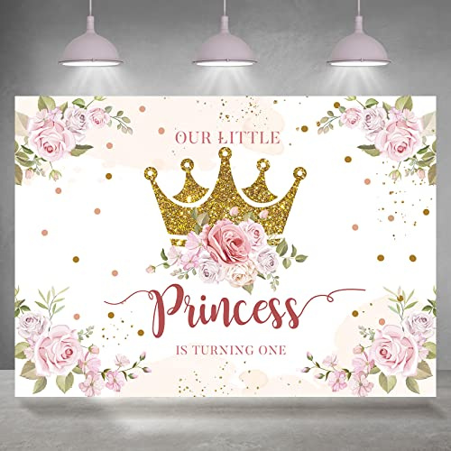 Rsuuinu Kleine Prinzessin Hintergrund 1. Geburtstag Party Dekorationen für Mädchen Rosa Blumen Banner Gold Krone Glitzer Happy First Birthday Fotografie Hintergrund Kuchen Tischdekoration Photo Booth