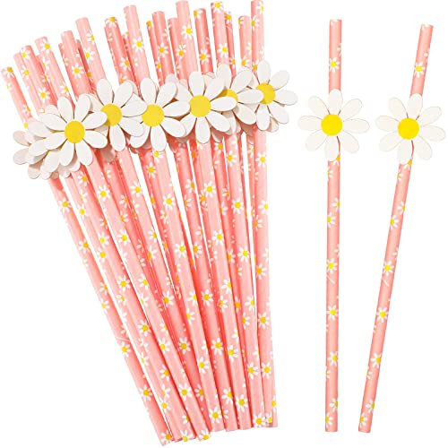 Lauwell 100 Pcs Daisy Paper Straws Flower Disposable Straws Daisy Party Decorations Groovy Daisy Straws Drinking Floral Pink Straws for Birthday Party Supplies Cute Little Baby Shower Wedding Decor