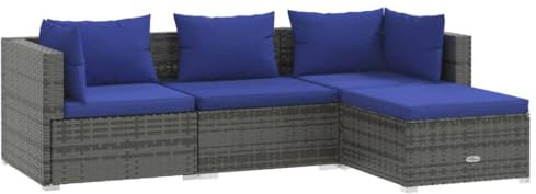 vidaXL Gartenmöbel 4-TLG. mit Kissen Mittelsofa Ecksofa Fußhocker Sitzgruppe Sofa Lounge Garten Garnitur Gartensofa Gartenset Poly Rattan Grau