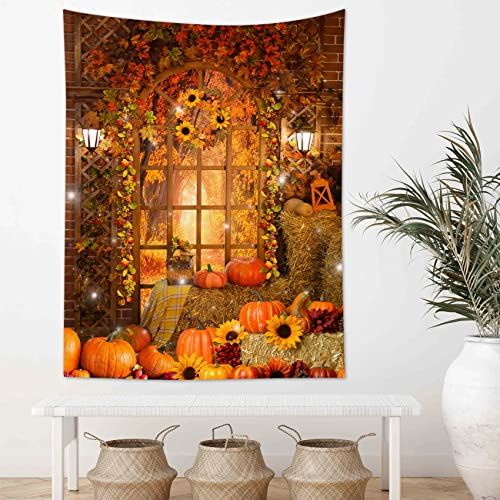 LB Herbstlandschaft Wandteppich Kürbis mit Sonnenblume im Bauernhaus Wandtuch Gelber Ahornbaum im Wald Wandbehang Herbst Tapisserie für Wohnzimmer Schlafzimmer Wohnheim Wanddeko,100x150cm
