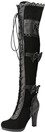 SOOUICKER Stivali alti sopra il ginocchio da donna, tacco alto grosso, stile steampunk, gotico, vittoriano, con lacci, Nero , 38 EU