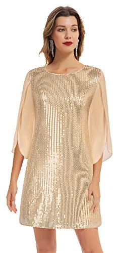 GRACE KARIN Damen Pailletten Kleid 3/4 Ärmel Party Cocktailkleid Club Glitzer Kleid Vintage MidiKleid Festlich Hochzeit Abendkleid XL Rose Gold-Pailletten CL1812A22-01