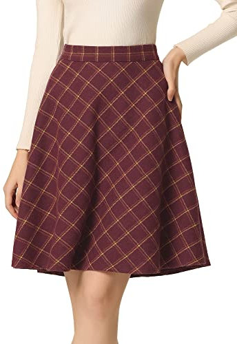 Allegra K Weihnachtskostüme für Damen, kariert, hohe elastische Taille, knielang, kariert, A-Linien-Rock, burgunderfarben, M