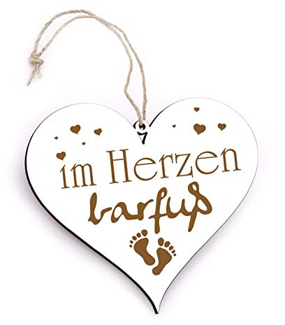 Schild Herz Holzschild graviert - im Herzen barfuß - Türschild Vintage Freiheit weiß Anhänger 13 x 12 cm