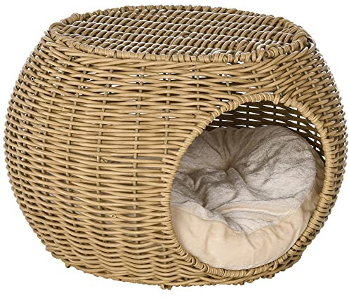 PawHut Niche pour Chat lit pour Chat Panier Chat masion de Chat en résine tresée Imitation rotin Coussin Doux Ø 40 x 30 cm Marron Clair