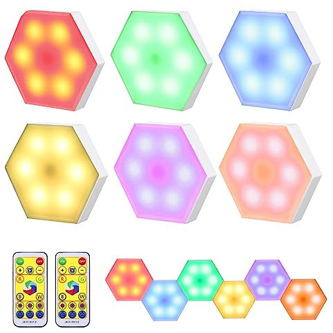 Neoglint Sechseckige Schrankleuchte 16 Farben, 6er Wiederaufladbar Puck Lights Touch Dimmbar, LED Nachtlicht mit Fernbedienung und Timing-Funktion, Sechseck DIY Wandleuchte Treppenlicht
