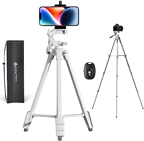 GEEKOTO Stativ für Smartphone, Einstellbar 55-Zoll Handy mit 360-Grad-Panorama-Drehplattform und 1/4 Universal-Befestigungsschraube, Phone Spiegellose/Gopro-/DSLR-Kamera–Weiß, (DE-AT20W)