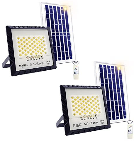 2x Foco Proyector 200W 200LED con Panel Solar Fotovoltaico, Mando a Distancia y Sensor de Encendido Automático. Foco Solar IP67 con Luz Blanca, Iluminación de Exterior, Patio, Jardín, Camino, Garaje
