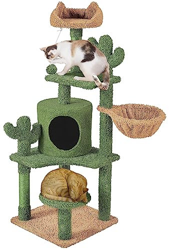 Abician Arbre à Chat Cactus Tour pour Chat Hauteur 135 cm avec Panier Cachette 3 Plateformes en Peluche Arbre à Grimper Multi-Niveaux Design Mignon Poteaux en Sisal Boule Élastique Vert/Brun