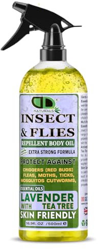Insect Repellent with Lavender & Tea Tree Essential Oil Repellent Against Chiggers (Red Bugs) Fleas, Moths, Ticks, Mosquitos and Cutworms for Body Oil Deet Free (500ml Spray)