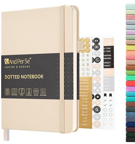 &And Per Se Dotted Journal Notebook, A5 Hardcover Leather Bullet Journal, 160 Pages 100 gsm Thick Dotted Paper，3 Stickers Included for Women Men, Work Office or School - 5.7'' x 8.3'' (Light Apricot)