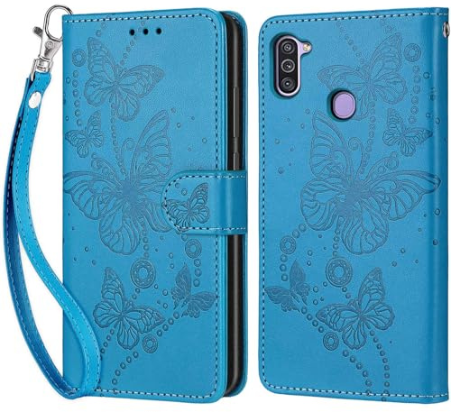 Handyhülle für Samsung Galaxy A11 Hülle, Blau Schmetterling | PU Leder Flip, Klappbar, Stoßfest, Magnetisch, Standfunktion, Kartenfächer, Retro Design, Handgelenkband
